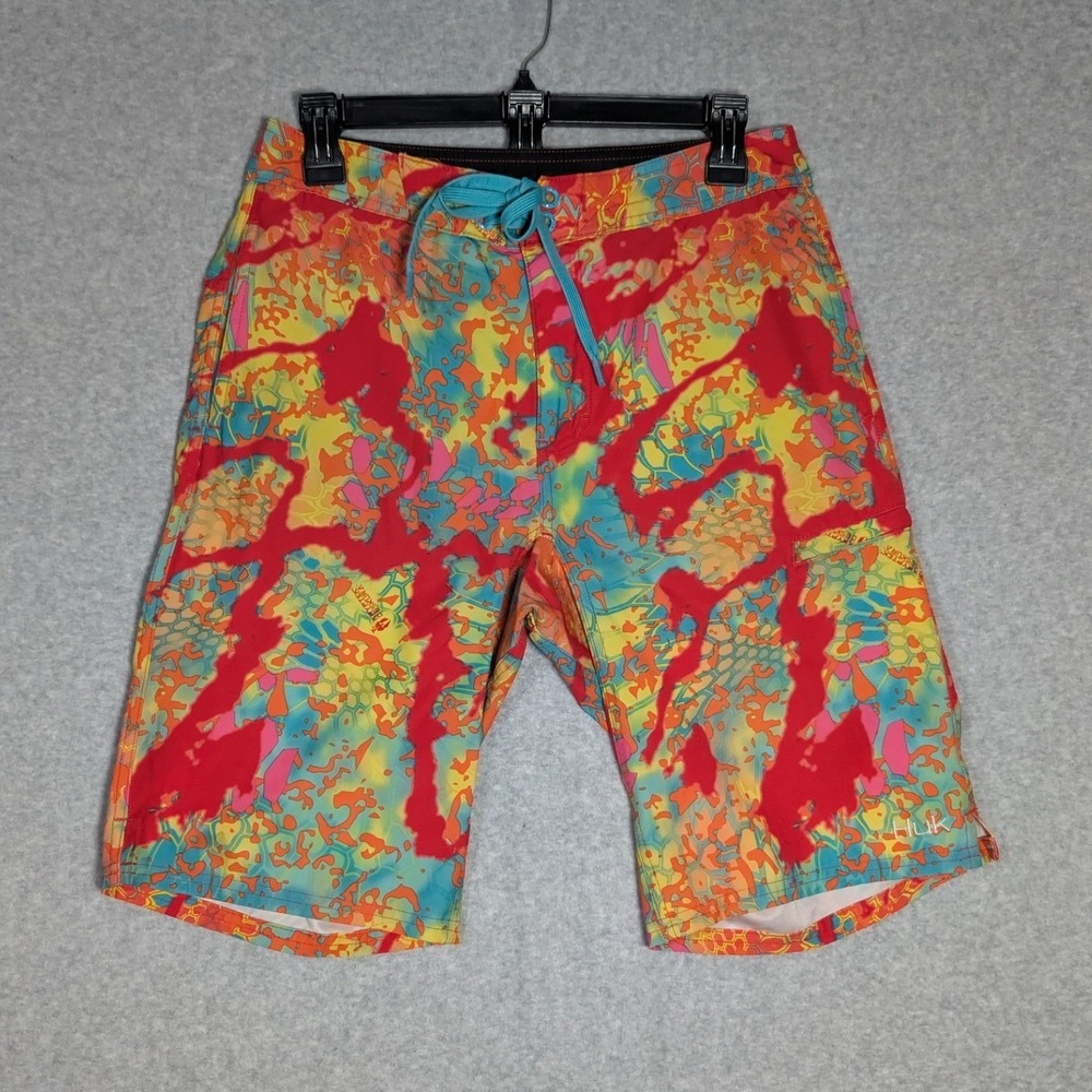 Huk Fishing Board Shorts Womens 29 Multicolor Kryptek Deskura Camo Neon Vibrant